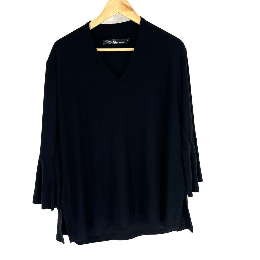 Sympli Evelyn & Arthur Top Size 14 Black Stretch Bell Sleeve V Neck Blouse Shirt